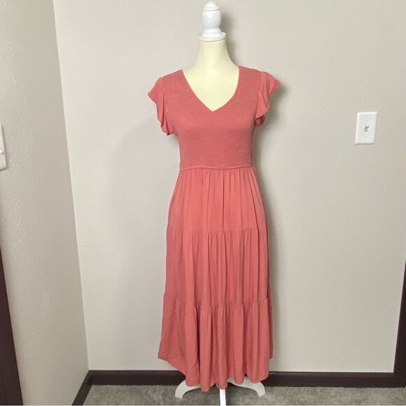 MEROKEETY Women's Flutter Sleeve Smocked Midi Dress V Neck Casual Tiered Size L - Picture 8 of 14